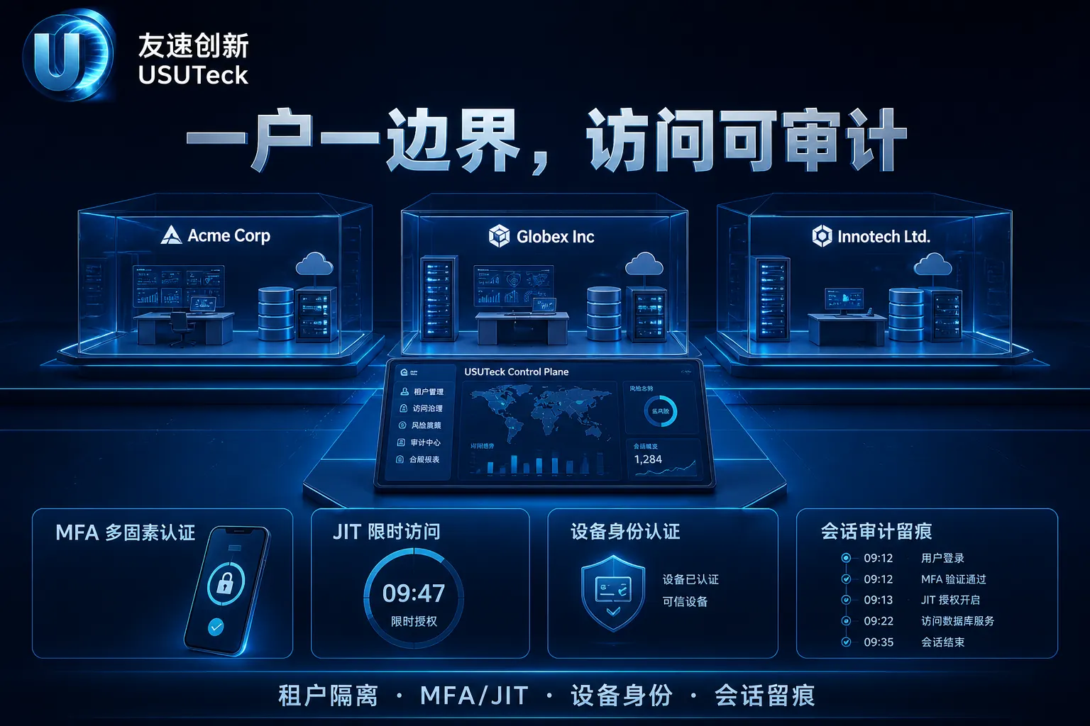 租户隔离、MFA 与限时授权、会话审计